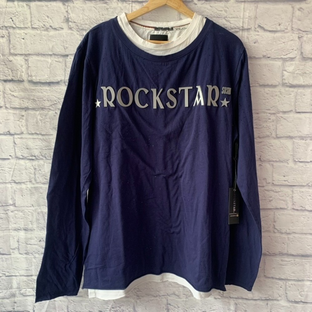 ROCKSTAR‎ Sushi Men's Size XL Distressed Blue Double Layer L/S Grunge Streetwear - Picture 2 of 10